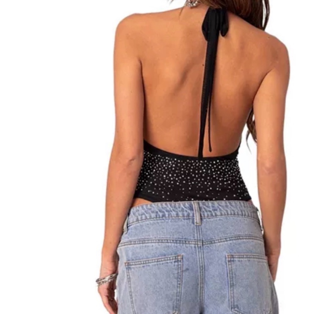 Open Back Mesh Rhinestone Bodysuit - Picture 2 of 3
